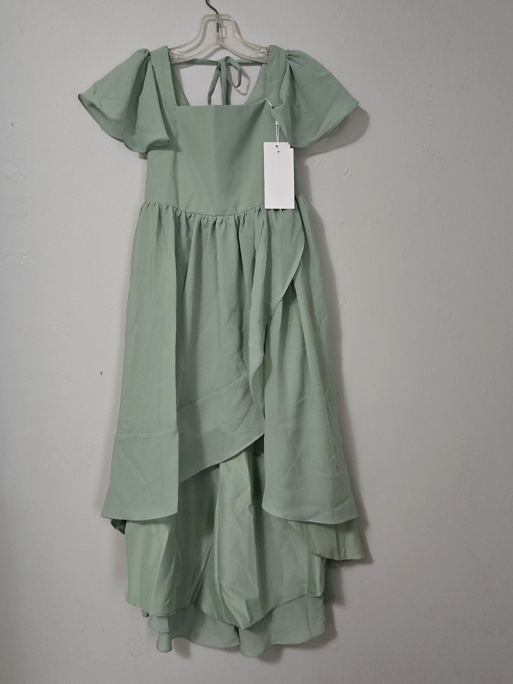 Girls Sage Green Ruffle High-Low Formal Junior Bridesmaid Dress